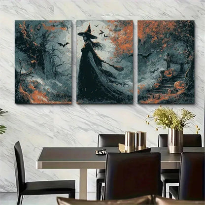 3pcs Vintage Halloween Witch Poster Perfect Wall Art Set Canvas Framed 50x70cm - High Quality Print 100% Australian Made Wall Canvas Ready to Hang