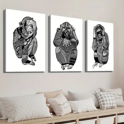 3pcs Three Little Wise Monkeys Wall Art Set Canvas Unframed - High Quality Print 100% Australian Made Wall Canvas