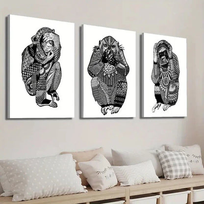 3pcs Three Little Wise Monkeys Wall Art Set Canvas Unframed - High Quality Print 100% Australian Made Wall Canvas