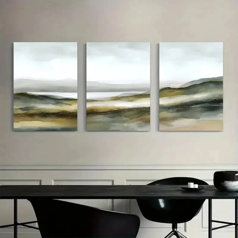3pcs Abstract Highlands Soft Blues Beiges Whites Metal Print Ready to Hang Art - Bella Home Decor