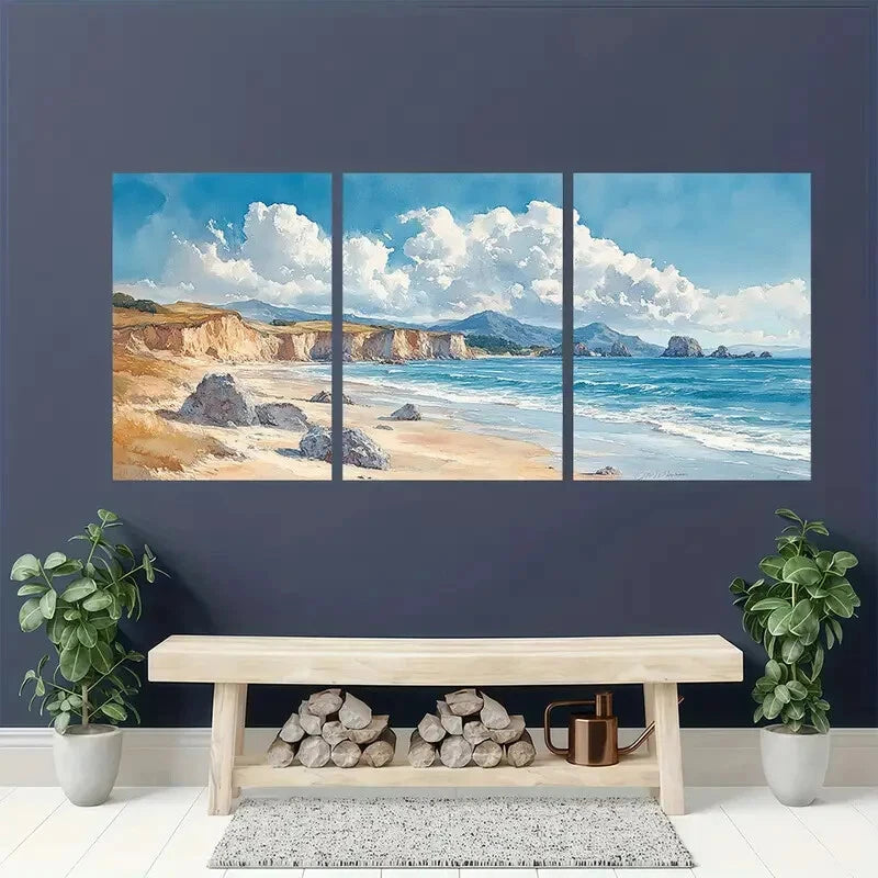 3pcs Watercolor Coastline with Cliffs & Ocean Wave Metal Print Ready to Hang Art - Bella Home Decor