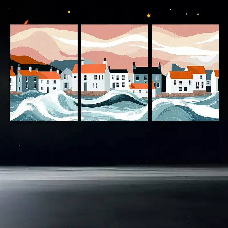 3pc Vector Art Of A Pastoral Coastal Town  Wall Art Set Canvas Framed 50x70cm - High Quality Print 100% Australian Made Wall Canvas Ready to Hang - Bella Home Decor