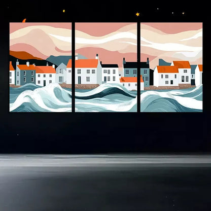 3pc Vector Art Of A Pastoral Coastal Town  Wall Art Set Canvas Framed 50x70cm - High Quality Print 100% Australian Made Wall Canvas Ready to Hang - Bella Home Decor