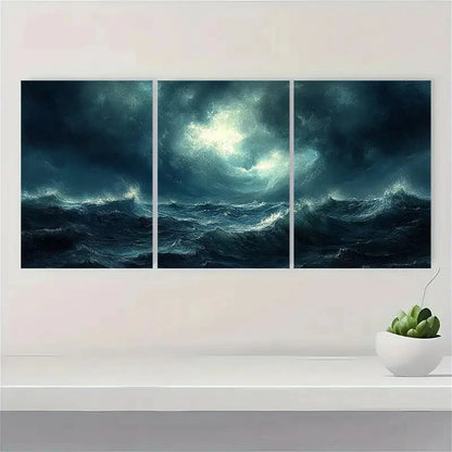 3pcs Moody Thunderstorm Dynamic Seascape Art Metal Print Ready to Hang Art - Bella Home Decor