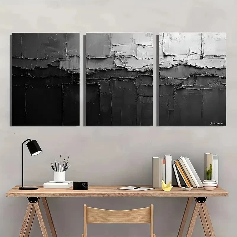 3pcs Black and White Abstract Texture Metal Print Ready to Hang Art - Bella Home Decor