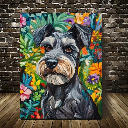 Beautiful Vibrant Floral Dog Painting 40x60cm Metal Print Ready to Hang