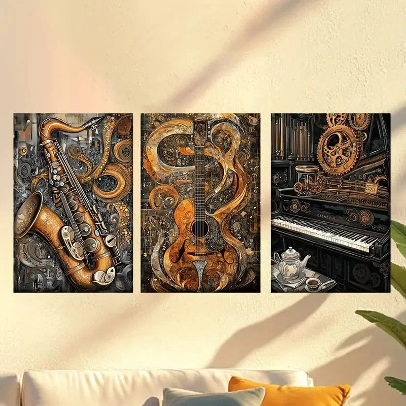 3pcs Heavy Metal, Rock guitar, Piano, Saxophone Wall Art Set Canvas Framed 50x70cm - High Quality Print 100% Australian Made Wall Canvas Ready to Hang - Bella Home Decor
