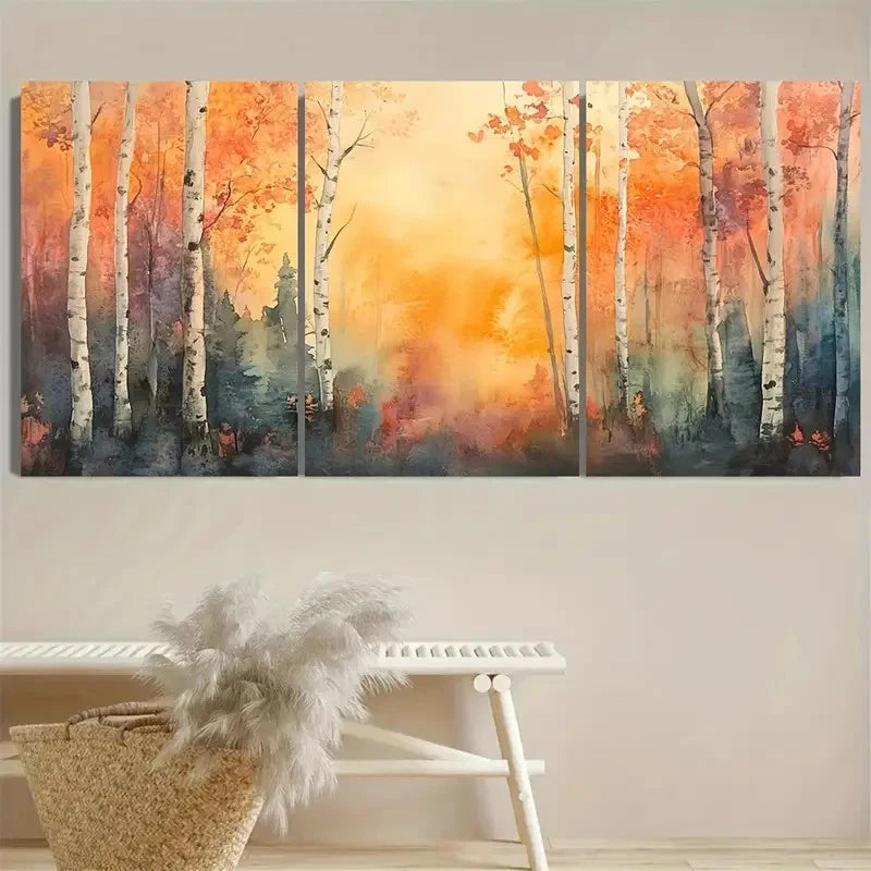 3pcs Vibrant Autumn Scene with Birch Trees Wall Art Set Canvas Framed 50x70cm - High Quality Print 100% Australian Made Wall Canvas Ready to Hang - Bella Home Decor