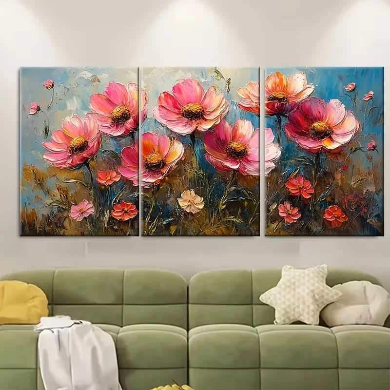 3pcs Pink Daisies Painting Flowers Metal Print Ready to Hang Art