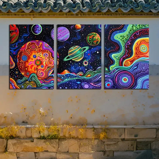 3pcs Vibrant Spiral Starry Sky and Planets Design Metal Print Ready to Hang Art