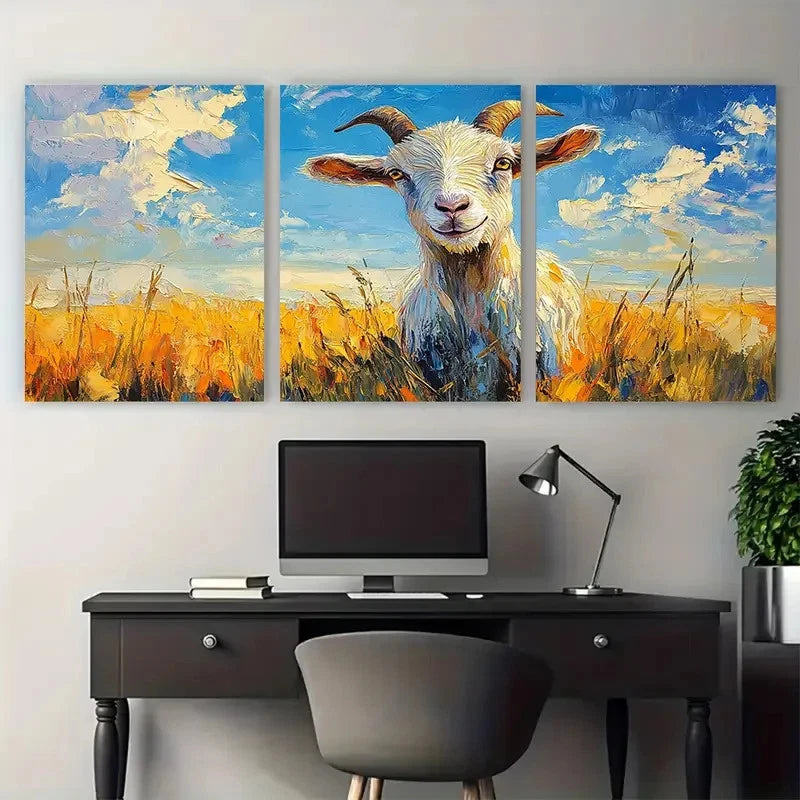 3pcs Goat Farm Animals Farmhouse Impasto Design Metal Print Ready to Hang Art - Bella Home Decor