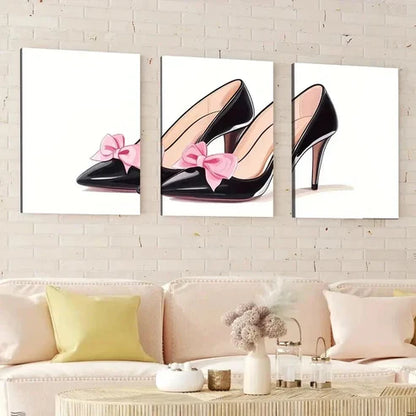 3pcs Black High Heels Pink Bows Modern White Wall Art Canvas Unframed - High Quality Print 100% Australian Made Wall Canvas - Bella Home Decor