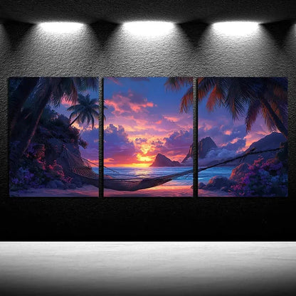 3pcs Ocean View Hammock Sunset Landscape Metal Print Ready to Hang Art