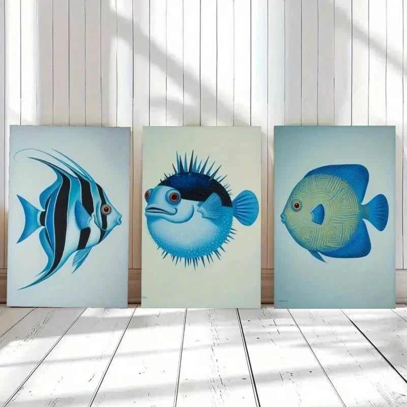 3pcs Blue Fish Animal Decorative Painting Metal Print Ready to Hang Art - Bella Home Decor