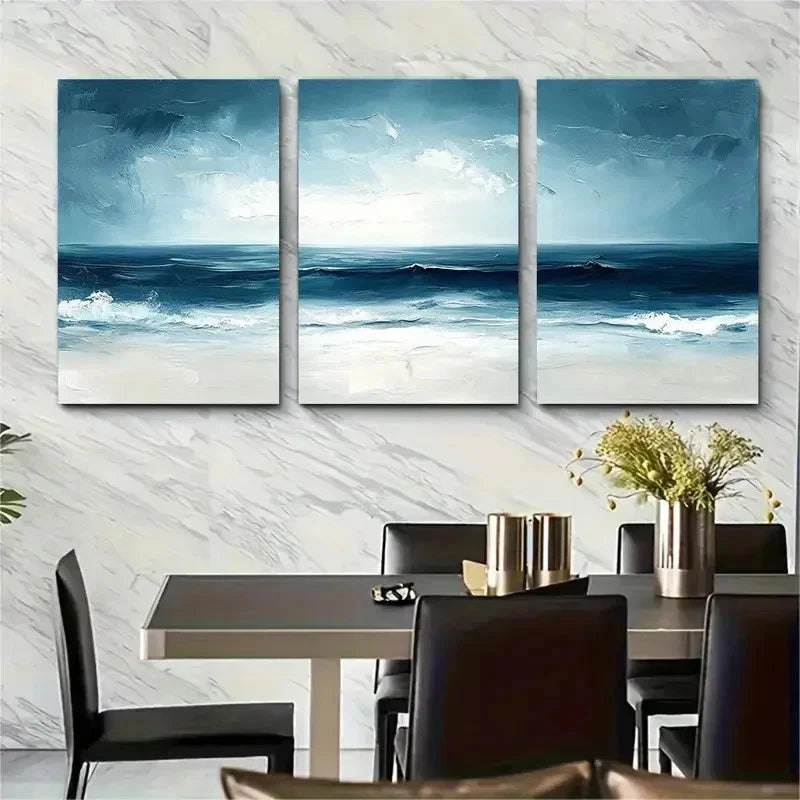 3pcs Abstract Beach Cold Toned Perfect Wall Art Set Canvas Framed 50x70cm - High Quality Print 100% Australian Made Wall Canvas Ready to Hang - Bella Home Decor