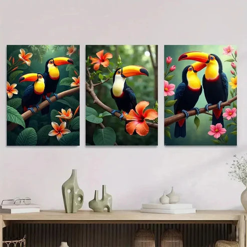 3pcs Colorful Bird and Floral Vibrant Tropical Wall Art Set Canvas Unframed - High Quality Print 100% Australian Made Wall Canvas - Bella Home Decor