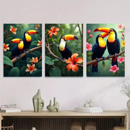 3pcs Colorful Bird and Floral Vibrant Tropical Wall Art Set Canvas Unframed - High Quality Print 100% Australian Made Wall Canvas - Bella Home Decor