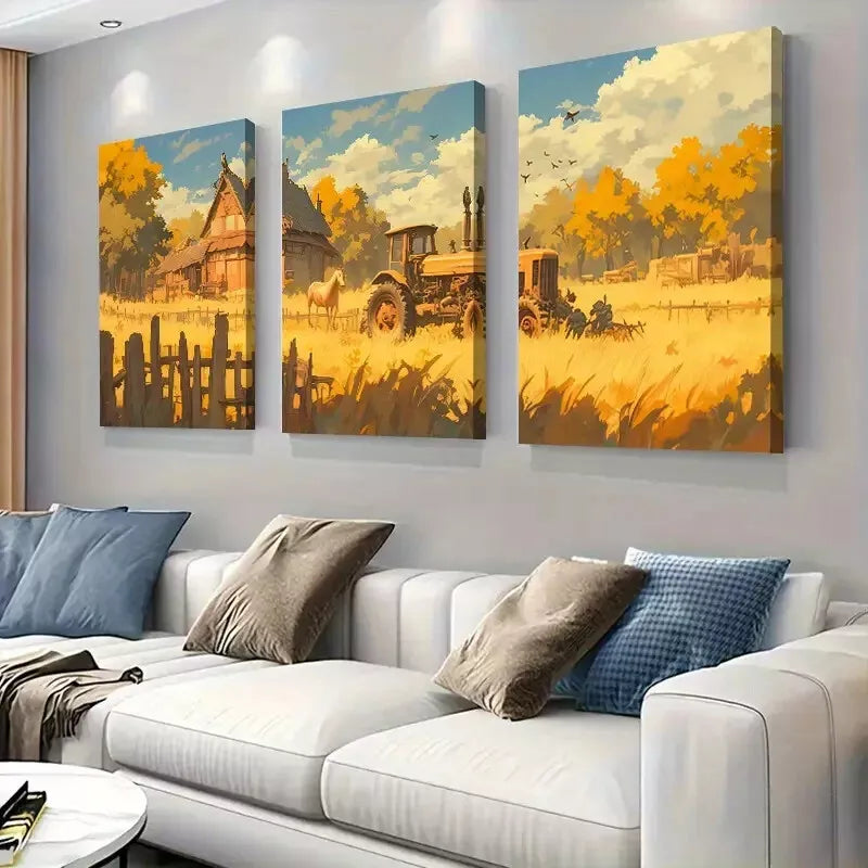 3pcs Autumn Farm Scenery with Tractor & Horse Wall Art Set Canvas Framed 50x70cm - High Quality Print 100% Australian Made Wall Canvas Ready to Hang
