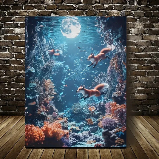 Fox Chase Coral Reef Moonlight Painting 40x60cm Metal Print Ready to Hang - Bella Home Decor