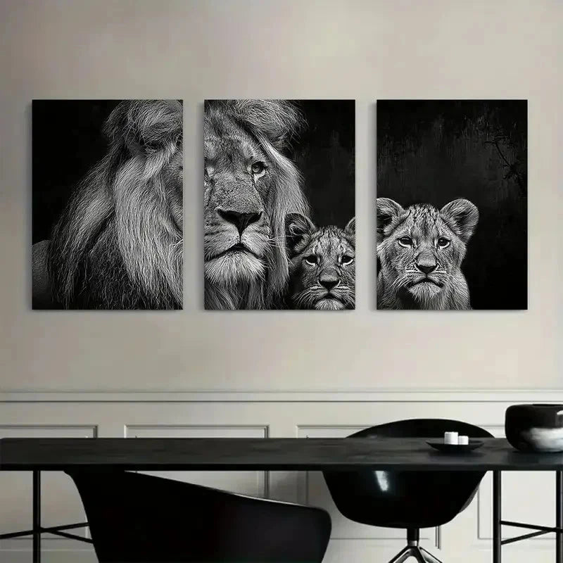 3pcs Black-And-White Portrait of a Lion with Cubs Metal Print Ready to Hang Art - Bella Home Decor