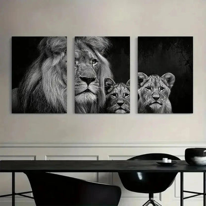 3pcs Black-And-White Portrait of a Lion with Cubs Metal Print Ready to Hang Art - Bella Home Decor