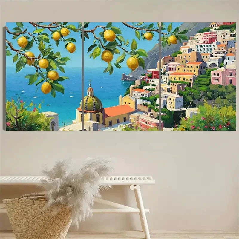 3pcs Positano Lemon Tree, Cityscape Wall Art Set Canvas Framed 40x60cm - High Quality Print 100% Australian Made Wall Canvas Ready to Hang