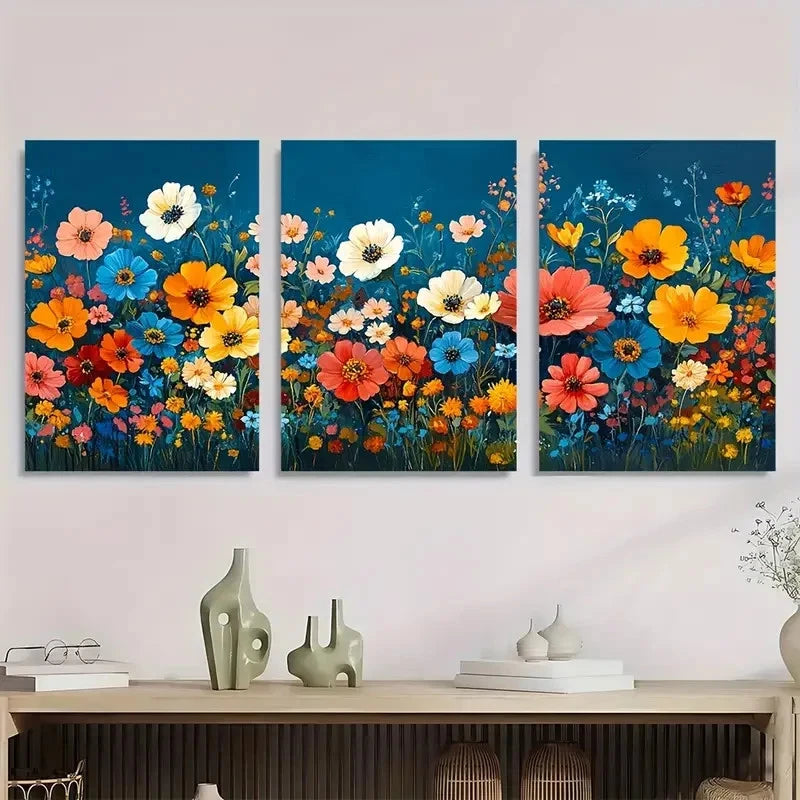 3pcs Vibrant Wildflower Giclée Gouache Perfect Wall Art Set Canvas Framed 50x70cm - High Quality Print 100% Australian Made Wall Canvas Ready to Hang