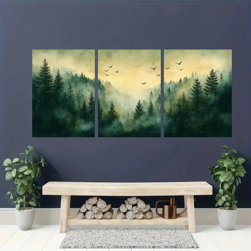 3pcs Pine Tree Forest Watercolor Landscape Art Metal Print Ready to Hang Art - Bella Home Decor