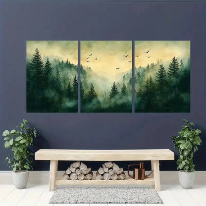 3pcs Pine Tree Forest Watercolor Landscape Art Metal Print Ready to Hang Art - Bella Home Decor