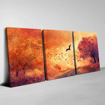 3pcs Vibrant Autumn Path, Trees & Bats Scene Wall Art Set Canvas Framed 50x70cm - High Quality Print 100% Australian Made Wall Canvas Ready to Hang