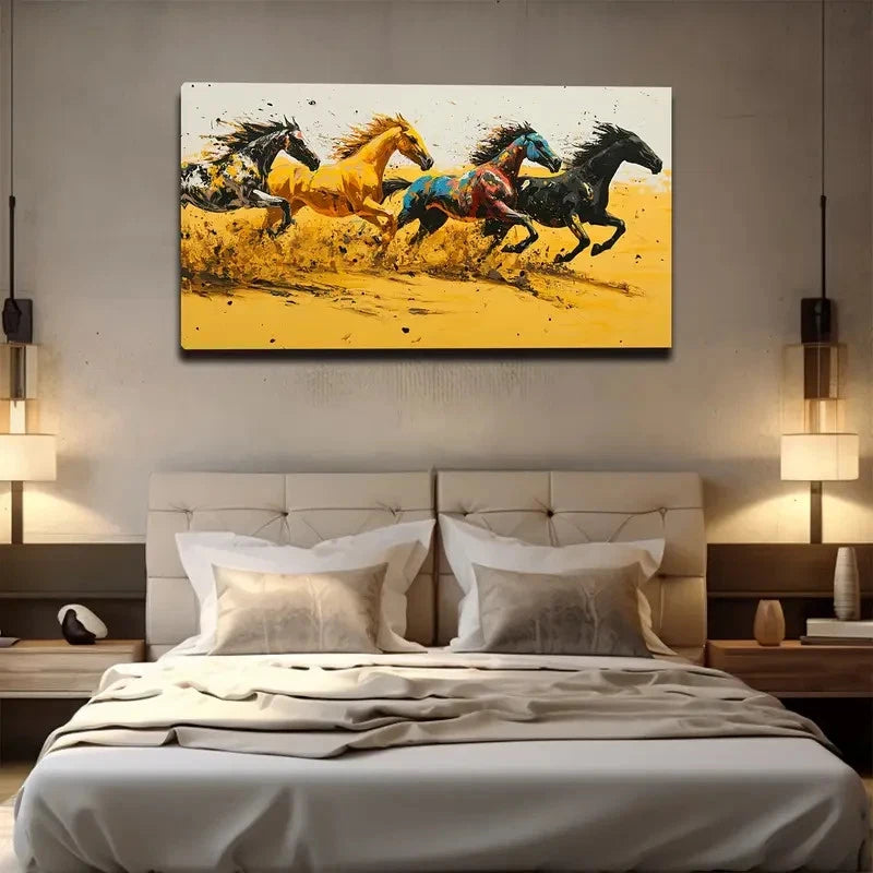 Four Running Horses Wall Art Canvas Office Home Room Framed 120x60cm
