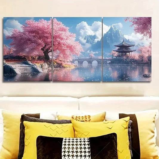 3pcs Pink Cherry Blossom Trees Wall Art Set Canvas Framed 60x90cm - High Quality Print 100% Australian Made Wall Canvas Ready to Hang
