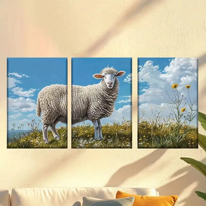 3pcs Sheep in a Field of Flowers Wall Art Set Canvas Framed 60x90cm - High Quality Print 100% Australian Made Wall Canvas Ready to Hang