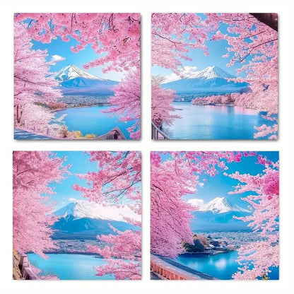 4pcs Mount Fuji & Cherry Blossom Wall Art Canvas Framed