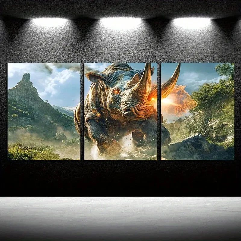 3pcs Savage Rhinoceros Running in the Forest Metal Print Ready to Hang Art - Bella Home Decor