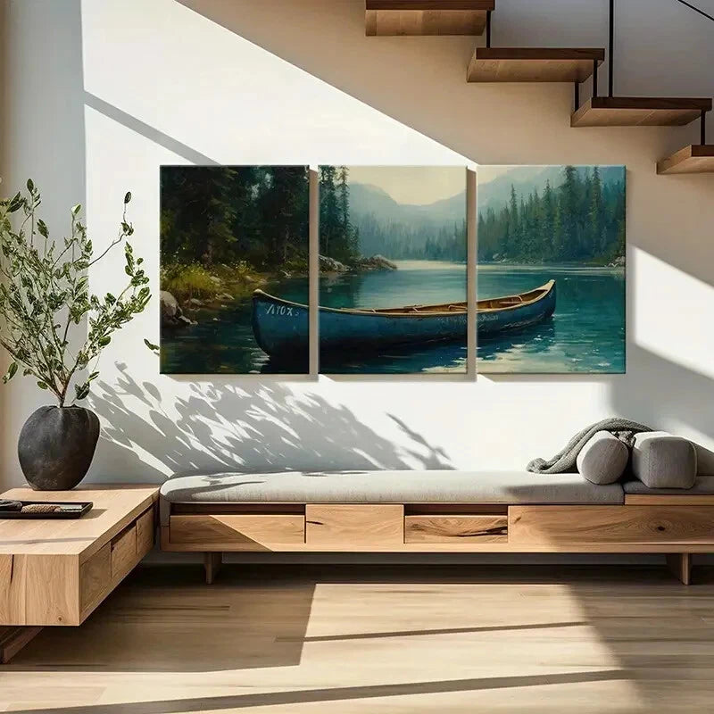 3pcs Blue Canoe Serene Lake Majestic Mountains Metal Print Ready to Hang Art - Bella Home Decor