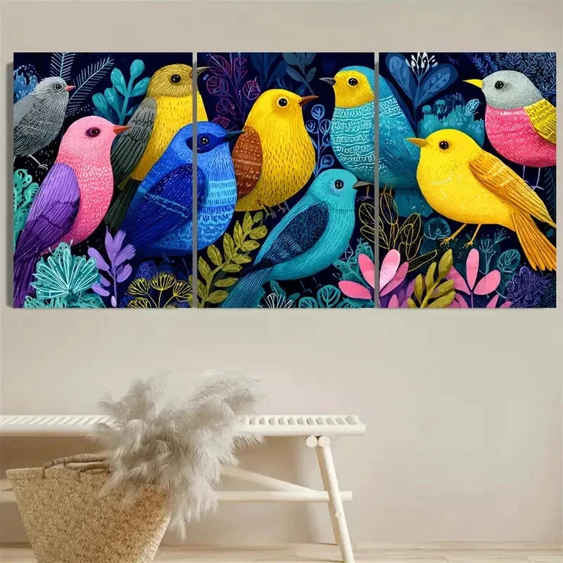 3pcs Colorful Birds Nature Gouache Nursery Art Wall Art Set Canvas Framed 60x90cm - High Quality Print 100% Australian Made Wall Canvas Ready to Hang - Bella Home Decor