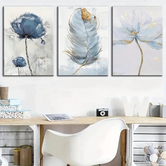 3pcs Modern Floral & Feather Décor Perfect Wall Art Set Canvas Framed 60x90cm - High Quality Print 100% Australian Made Wall Canvas Ready to Hang