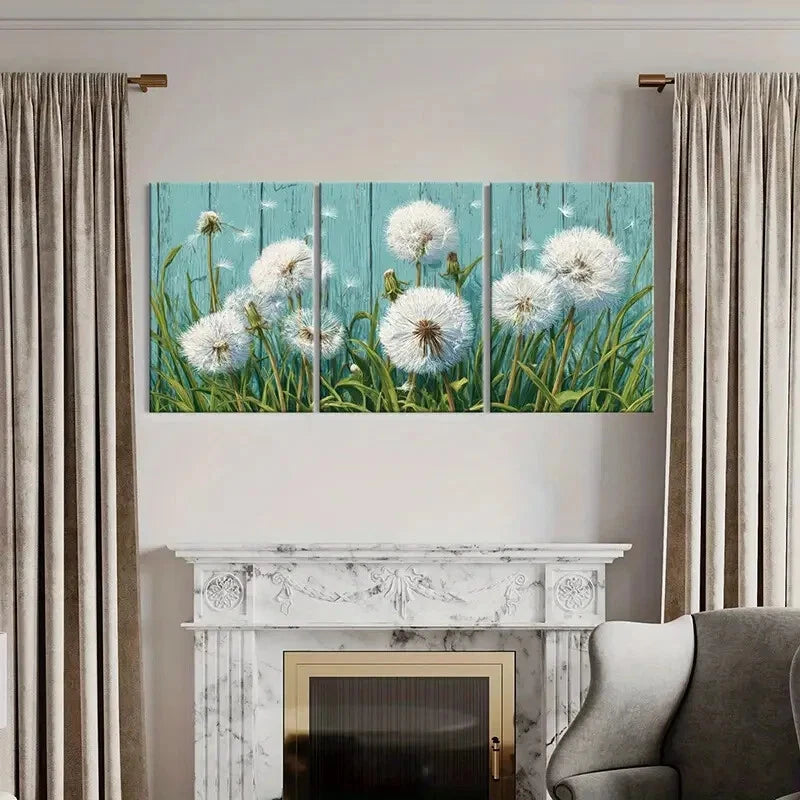 3pcs Dandelion Art White Fluff Blue Background Metal Print Ready to Hang Art - Bella Home Decor