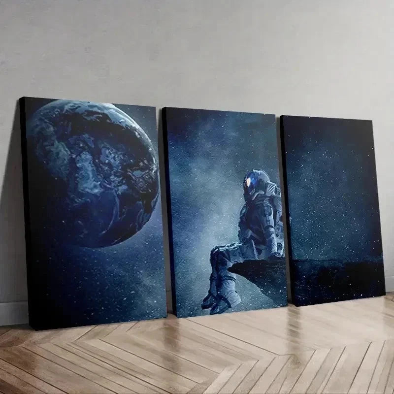 3pcs Astronaut Gazing at Earth Triptych   wall  Art Set Canvas Framed 60x90cm - High Quality Print 100% Australian Made Wall Canvas Ready to Hang - Bella Home Decor