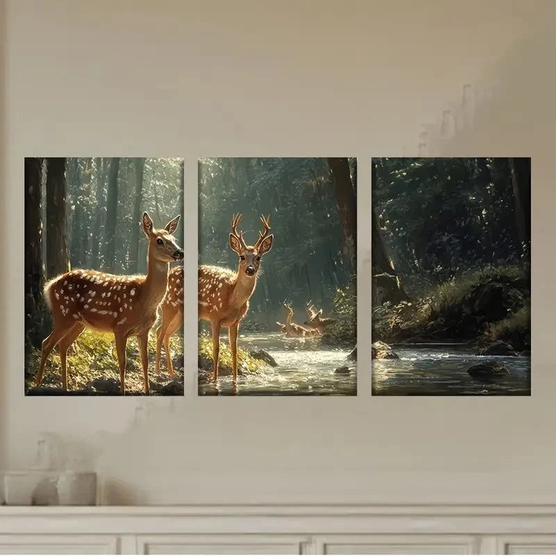 3pcs Deers in the woods Wall Art Set Canvas Framed 50x70cm - High Quality Print 100% Australian Made Wall Canvas Ready to Hang - Bella Home Decor