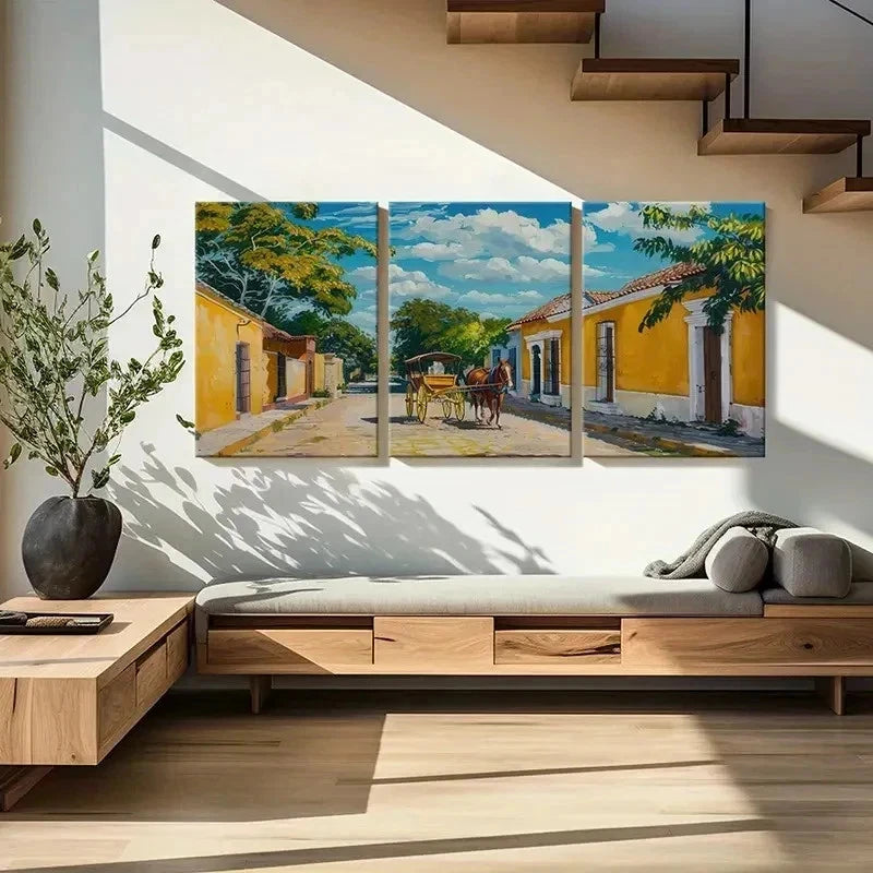 3pcs Horse Drawn Carriage Yellow Buildings Wall Art Set Canvas Framed 40x60cm - High Quality Print 100% Australian Made Wall Canvas Ready to Hang