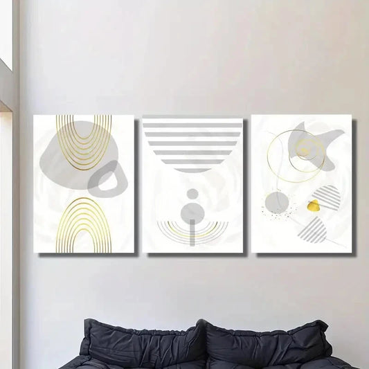 3pcs Retro Golden Lines Gray and Golden Abstract Metal Print Ready to Hang Art
