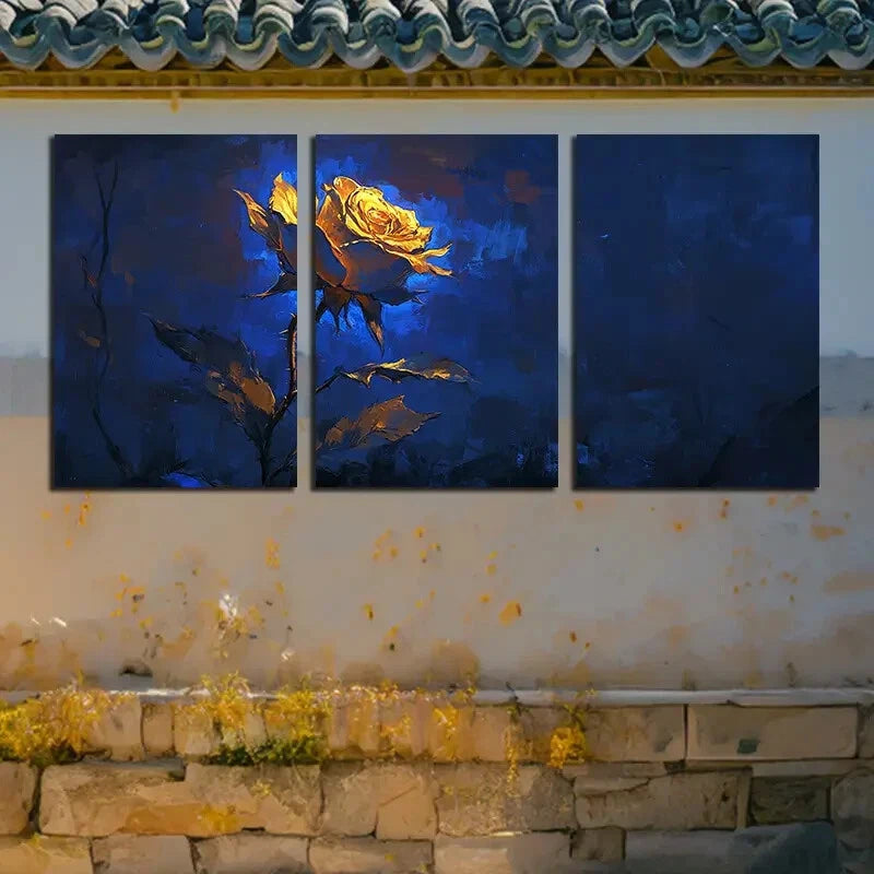 3pcs Blue and Yellow Roses Modern Floral Design Metal Print Ready to Hang Art - Bella Home Decor