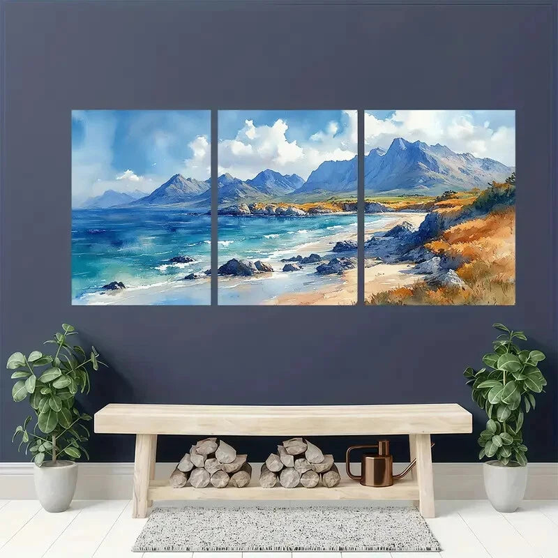 3pcs Ring Of Kerry Painting Ireland Watercolor Metal Print Ready to Hang Art - Bella Home Decor