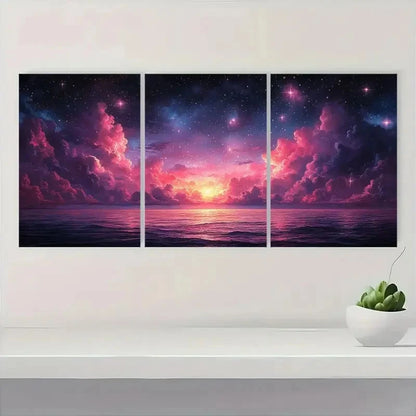 3pcs Starry Sky Cosmic Clouds & Ocean Waves Metal Print Ready to Hang Art - Bella Home Decor