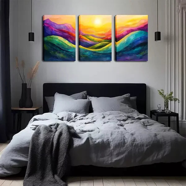 3pcs Abstract Mountain And Sunrise Wall Art Set Canvas Framed 60x90cm - High Quality Print 100% Australian Made Wall Canvas Ready to Hang - Bella Home Decor