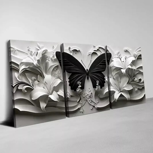 3pcs Abstract Free Butterfly with White Florals Wall Art Set Canvas Framed 50x70cm - High Quality Print 100% Australian Made Wall Canvas Ready to Hang