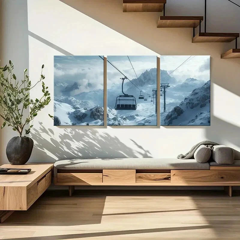 3pcs Alpine Ski Lift Snowy Mountains Landscape Metal Print Ready to Hang Art - Bella Home Decor