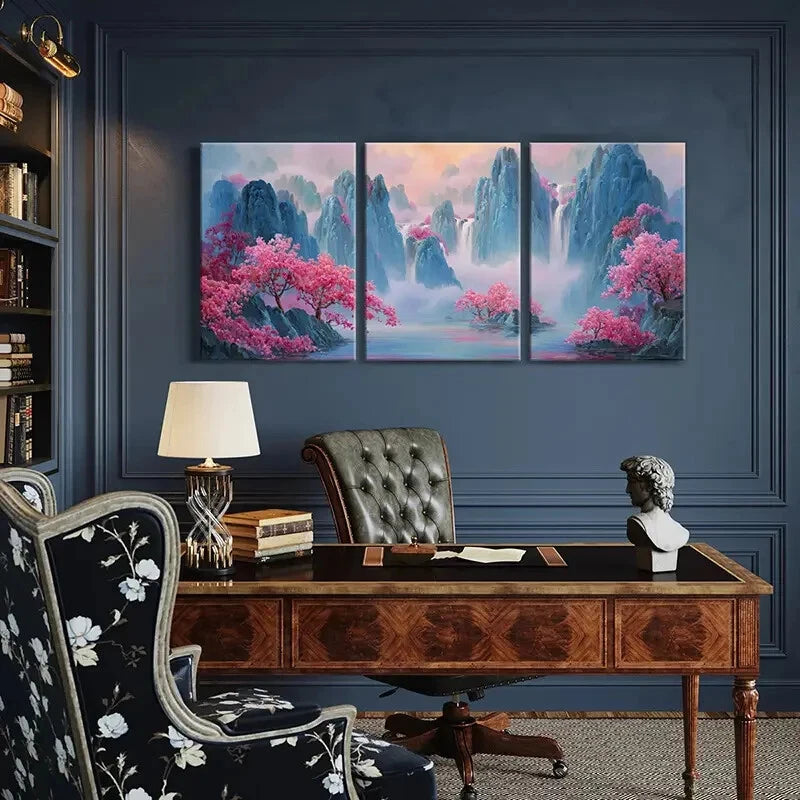 3pcs Artistic Landscape Painting Pink Blossoms Metal Print Ready to Hang Art - Bella Home Decor